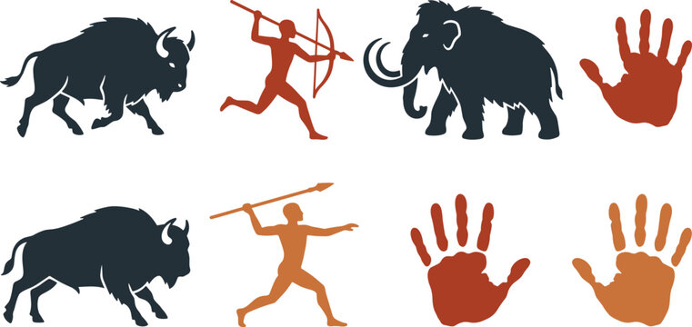 Prehistoric Cave Art Vector Silhouette Set Featuring Stone Age Hunters Mammoth Bison Animals and Ancient Tribal Handprint Stencils