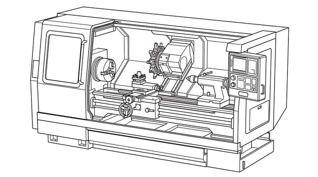 Industrial CNC Lathe Machine Line Art Illustration for Manufacturing and Engineering Design