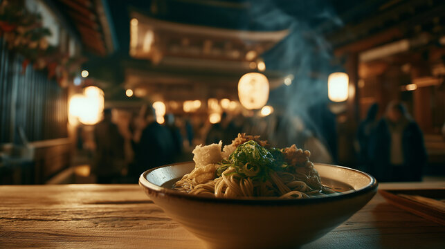 Steaming Bowl of Japanese Ramen Noodles Served at Outdoor Night Market Stall