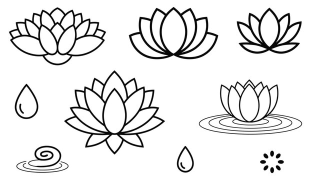 Lotus flower line art icon set, unalome symbols, geometric water lily, droplet designs, spiritual floral vector sketches for tattoo artwork
