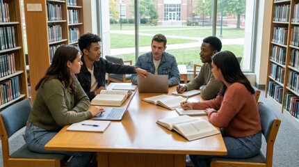 Fototapeta premium Diverse Young Students Collaborating on Project in University Library with Books and Laptops for Academic Study