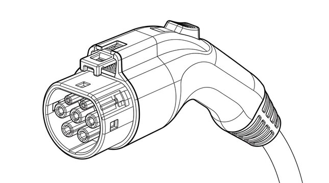Electric Vehicle Charging Plug Illustration With Type 2 Connector Technical Line Art Drawing