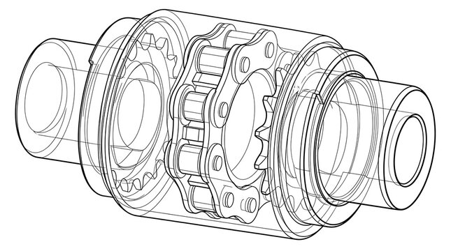 Mechanical Chain Coupling Wireframe Drawing Showing Internal Sprockets and Industrial Gear Components