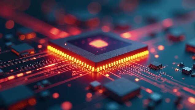 Glowing Microchip with Pulsating Lights and Detailed Circuitry