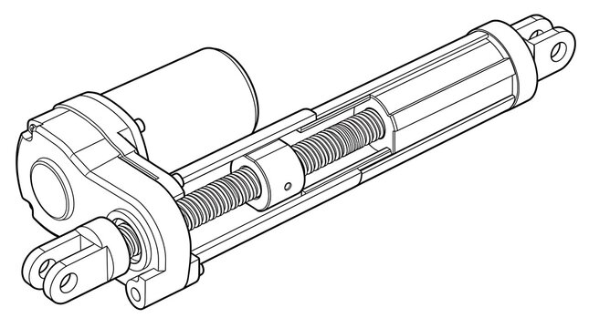 Electric Linear Actuator Technical Drawing Showing Internal Screw Drive Mechanism and Motor