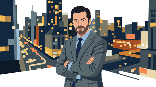 Confident male executive with crossed arms against night city skyline digital vector illustration for financial consulting services