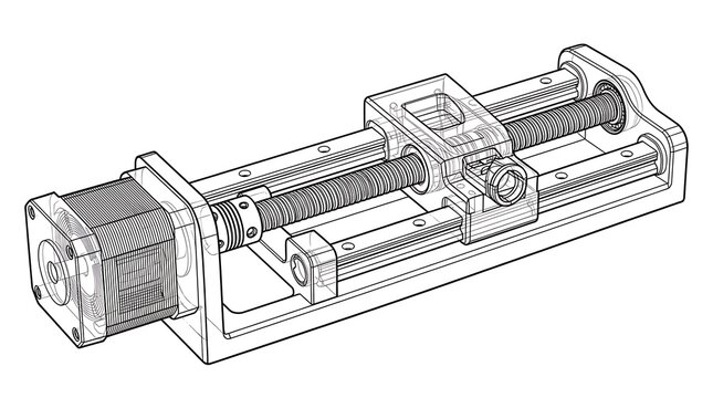 Linear Actuator Lead Screw Assembly With Stepper Motor Technical Drawing Illustration