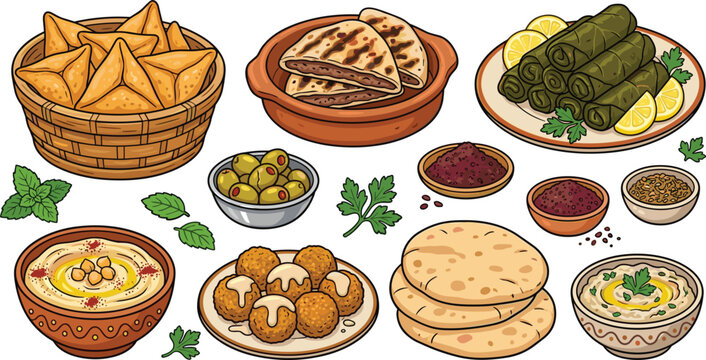 Traditional Middle Eastern Cuisine Vector Set with Fatayer Pastry Arayes Dolma Hummus Falafel Pita Bread Baba Ghanoush Green Olives and Culinary Spices