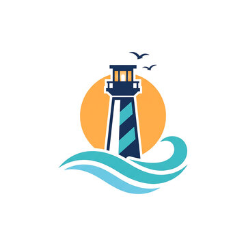 Modern World Maritime Day vector logo with lighthouse and waves on white