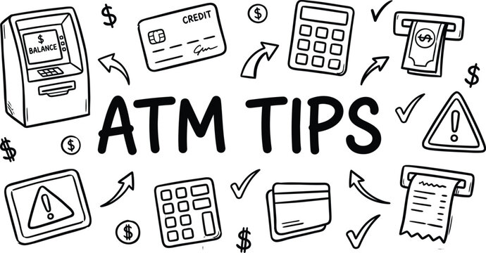 Hand drawn doodle illustration about atm safety tips featuring financial icons and banking security advice for customers