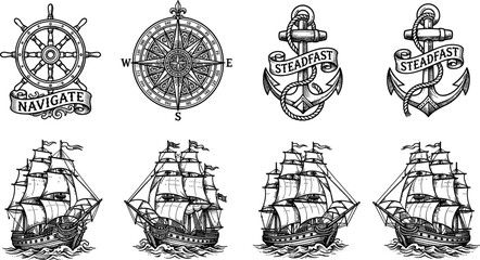 Nautical marine vintage tattoo vector set featuring sailing ships anchors with ribbons helm wheel and wind rose compass © MstHusna