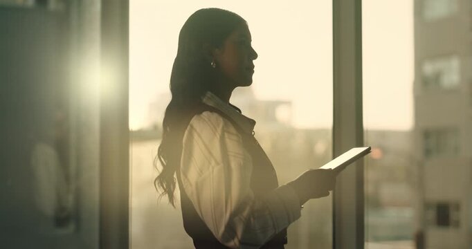 Thinking, business and woman in office with tablet, research and online evidence for court case. Flare, person and lawyer at law firm with digital, witness statement and legal records for proceedings