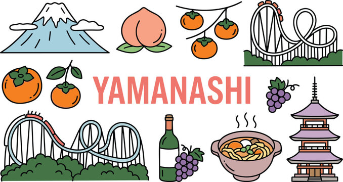  Hand drawn Yamanashi Japan travel doodle vector set featuring Mount Fuji pagoda roller coaster local fruit and noodle icons
