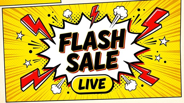 Flash sale live comic book style pop art background with lightning bolts