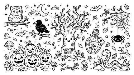 Naklejka premium Haunted forest doodles with cute pumpkins and spooky creatures