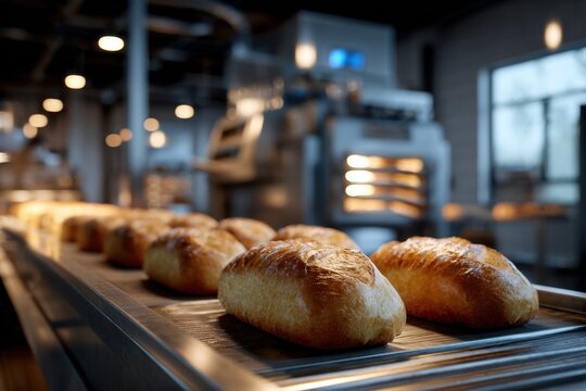 Freshly baked golden loaves on a conveyor belt inside a modern bakery with industrial ovens and warm lighting in the background