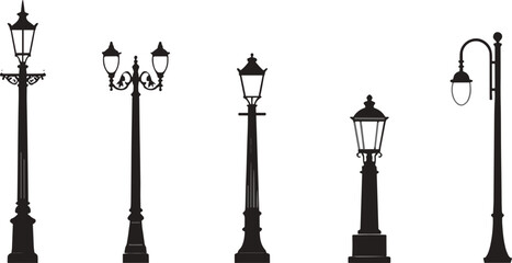 Obraz premium Collection of five vintage street lamp silhouettes with ornate details and classic isolated on a white background