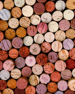 Wine corks background closeup, repeat cork as abstract pattern suitable for contemporary design. Rhythm enhances visual identity materials for packaging layouts, print production and modern visual.