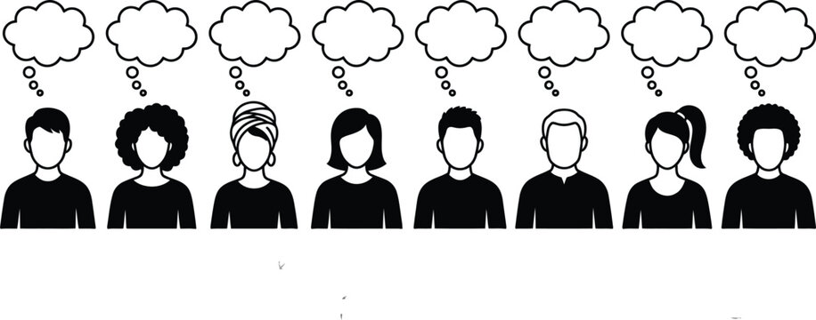 A row of diverse people icons with blank thought bubbles representing communication ideas and social networking concepts