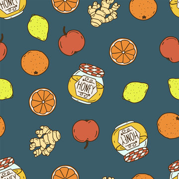 Honey jar and fruits seamless pattern. Oranges and lemons line art wallpaper. Ginger and apple hand drawn background