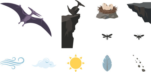 Pterodactyl Flying Dinosaur Vector Illustration Set Featuring Pterosaur Flying Over Cliff Nest with Eggs Insects and Jurassic Weather Elements © monoara