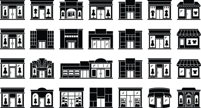 Clothing Boutique Front and Retail Store Facade Black Silhouette Icon Set with Fashion Shop Windows, Mannequins, Awnings, and Exterior Commercial Building Designs