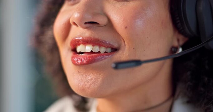 Mouth, consultant and happy woman with headset in office for virtual assistance or online advice. Closeup, female person or friendly agent or talking with mic for remote help or support in workplace