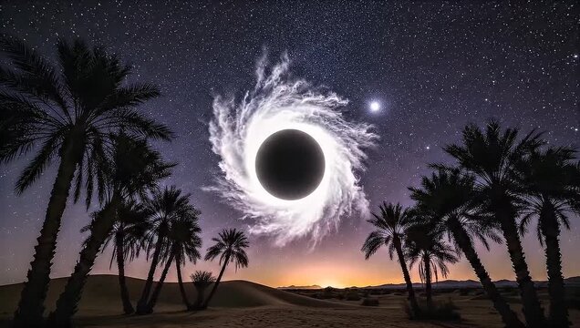 Black hole portal over desert palm trees at night.