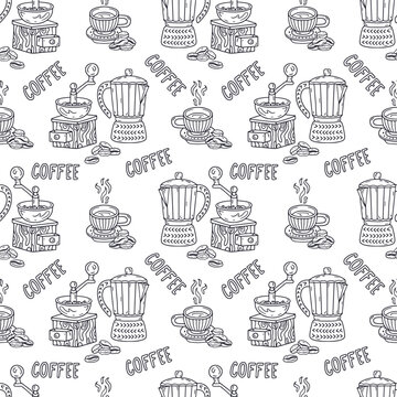 Cozy coffee hand mill and moka pot seamless pattern with text