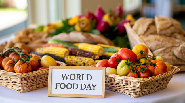 Colorful display of fresh fruits and vegetables with baskets of tomatoes, corn, and bread for World Food Day celebration in a bright indoor setting