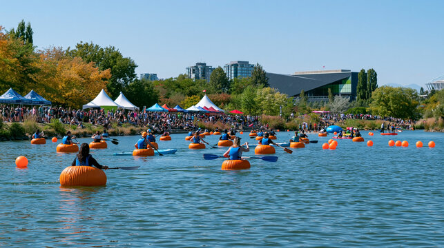 Group of people in orange inflatable pumpkins paddling on a lake during a festive autumn event with colorful trees and tents in the background
