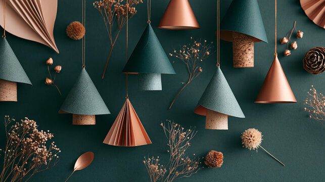 Decorative paper Christmas trees and dried flowers arranged on a teal background, featuring copper accents and various shapes for a festive holiday display