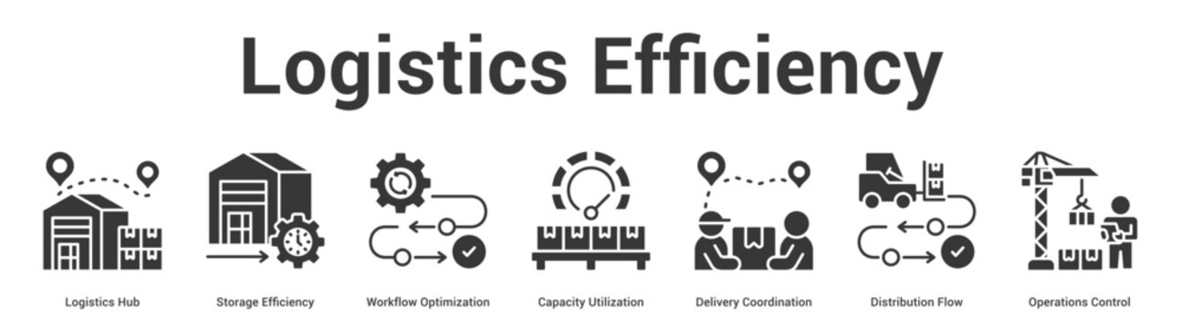 Logistics Efficiency web banner icon vector illustration concept for business with icon of Logistics Hub, Storage Efficiency, Workflow Optimization, Capacity Utilization, Delivery Coordination,.