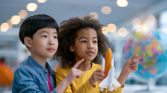 Asian girl and African American girl pointing at a model rocket while standing near a globe in a bright educational environment with soft lighting and blurred background
