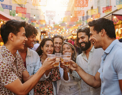 A group of friends raises small cups of chilled sweet wine to toast their reunion under the colorful street fair decorations.