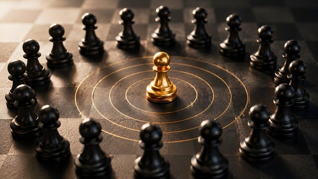 Golden chess pawn inside concentric circles surrounded by black pawns. Concept of corporate leadership target, competition, and strategic planning.