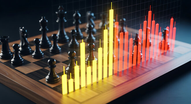 Chess board strategy with financial stock market graph overlay and rising bars