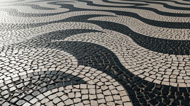 Black and white mosaic pavement in wavy pattern covers ground. Small stone tiles form traditional Portuguese calcada art. Outdoor ground texture, geometric design.