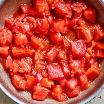 Diced red tomatoes preparing fresh sauce ingredients