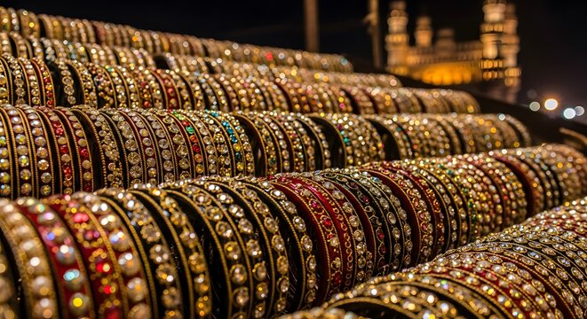 Display of colorful glittering bangles at a local street market at night with a distant illuminated landmark.