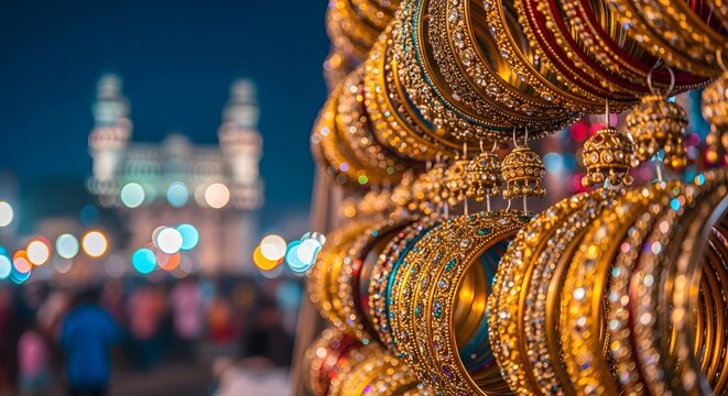 A close-up of intricate Indian bangles with a blurred landmark in the background.