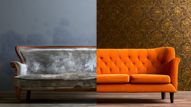 split-screen of an old, worn-out velvet sofa and a brand new vibrant orange sofa with a grey wall background and textured wallpaper design, showcasing the contrast in condition and style