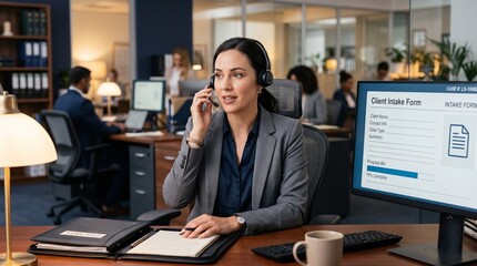 Obraz premium Professional woman working at office desk with headset and computer in modern workplace.