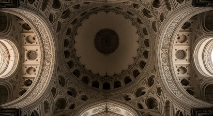Obraz premium Ornate vaulted ceiling interior view showcasing classical architectural design elements.