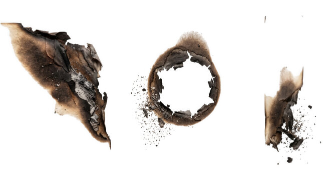 Three burnt paper edges isolated on a clean white background