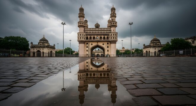 Charminar monument in Hyderabad reflecting in rainwater on cobblestone pavement under dramatic cloudy sky.