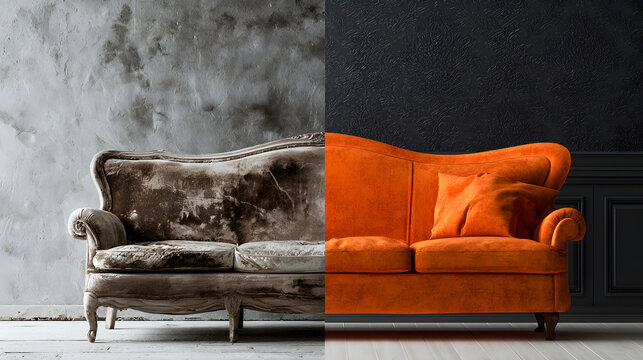 a split-screen image of an old, faded velvet sofa paired with a strikingly vibrant orange sectional, set against a backdrop of a plain grey wall adorned with textured wallpaper, highlights the stark d