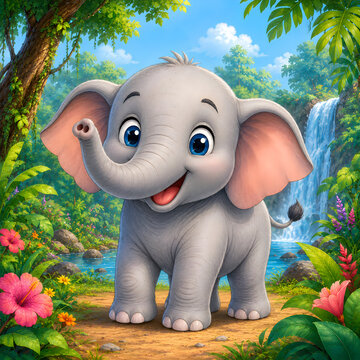 Cute cartoon baby elephant standing in a colorful forest with flowers