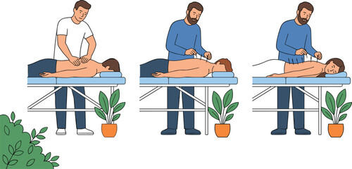 Fototapeta premium Acupuncture and Back Massage Therapy Vector Set Featuring Chiropractic Care Physiotherapy and Alternative Medicine Treatment for Wellness Center Website Designs