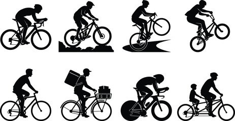Fototapeta premium Cyclist and bicycle rider silhouette icons set featuring road cycling racing mountain biking stunt bmx delivery messenger commuter and family tandem bike riders.